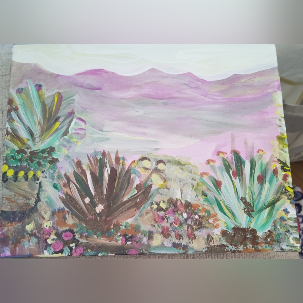 Desert Flora Lavender Mountains Hand Painted Mini Board Canvas 10 X 8 + Easel